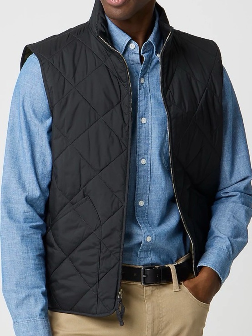 J. Crew Factory Black Quilted Vest with Olive Reversible Lining